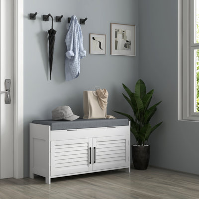 Banc à chaussures, banc de hall d'entrée avec rangement pour chaussures, coussin, compartiments cachés, tablettes réglables et portes à volets, organisateur de chaussures 35,4 po pour vestibule, couloir, blanc HOMcom