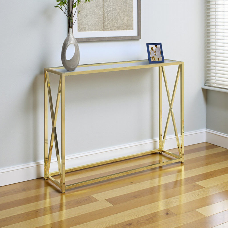 Jesse Tempered Glass Accent Table With Gold X-Design Metal Leg, 32.01" H X 42.11" W X 11.75" D
