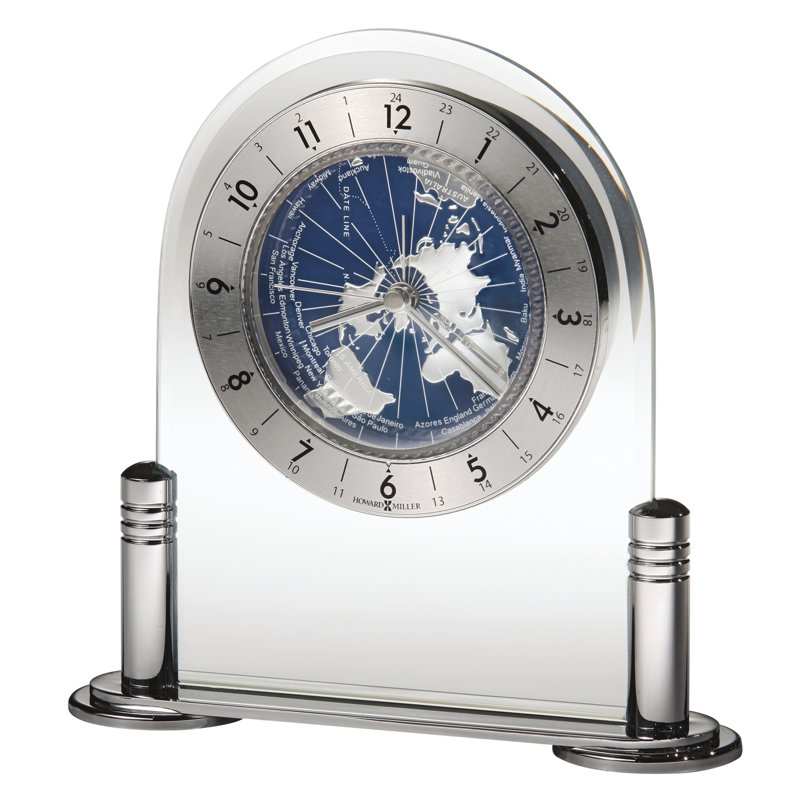 World Time Glam Analogue Acrylic Quartz Movement / Crystal Tabletop Clock with Alarm in Polished Silver/Clear