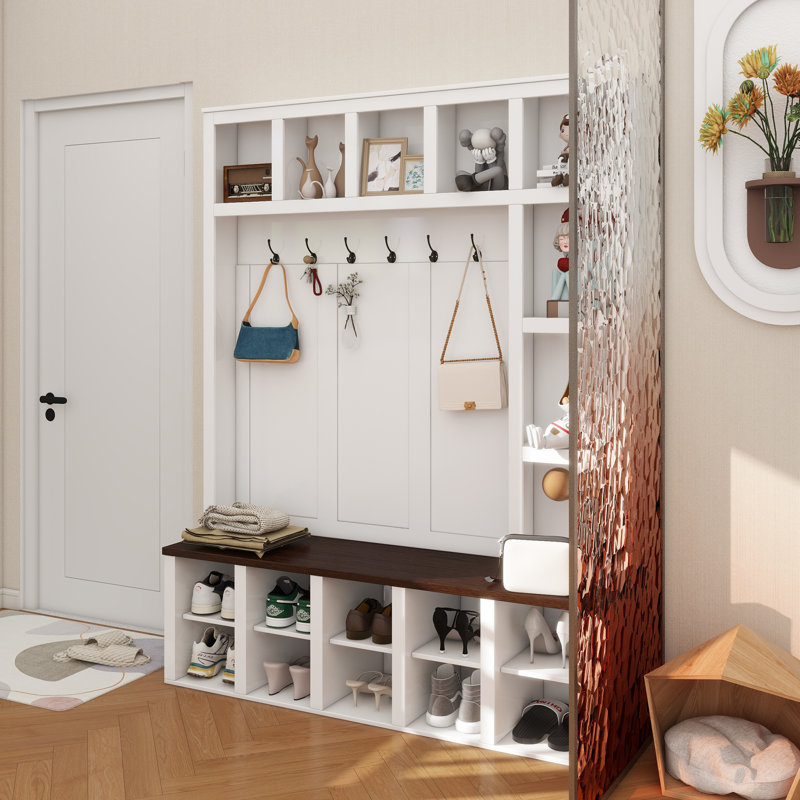 Farmhouse Wooden Style Hall Tree With 6 Hooks, Practical Walnut Storage Bench With Adjustable Shelves, 4-In-1 Entryway Shoe Cabinet With 13 Cubbies For Mudroom, Living Room, 76.7"H