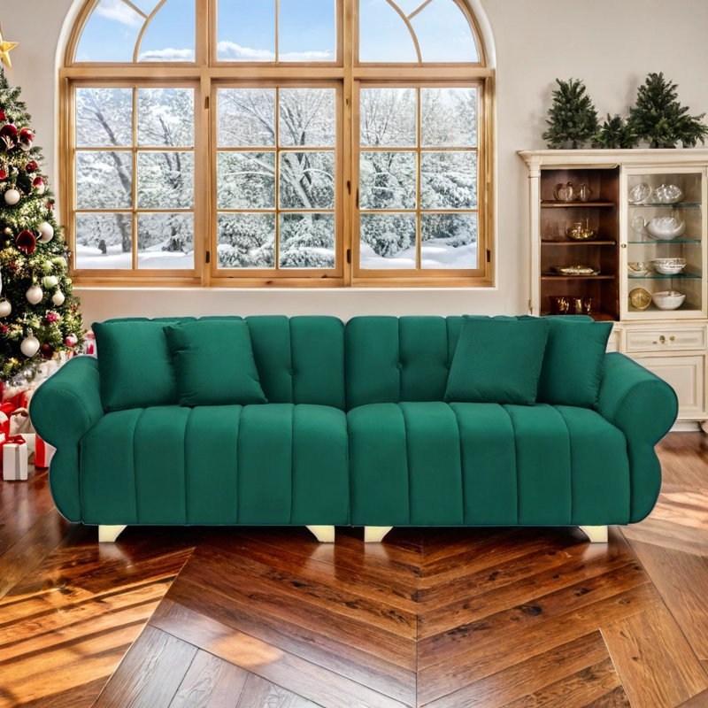 Yore 89" Velvet Upholstered Sofa with Channel Tufting & Throw Pillows, Green