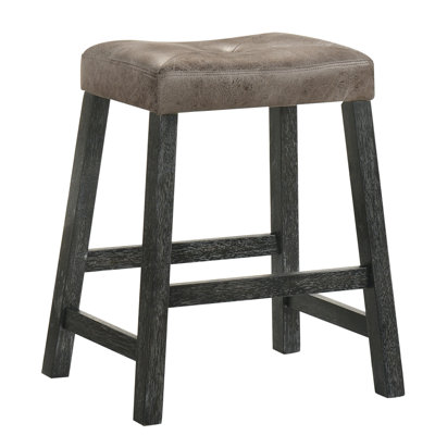 Tabouret de 25 pouces de style rustique sans dossier de 2 avec siège en cuir brun, structure en bois massif, espace pour les barres de petit-déjeuner et les cuisines, comptoir en bois au look patiné, îlots de cuisine confortables