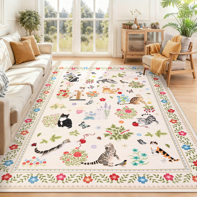 Area Rugs Modern Non-Slip Washable Rug Mark Resistant,Floral Farmhouse Carpet,Non-Shedding for Living Room Bedroom, Beige