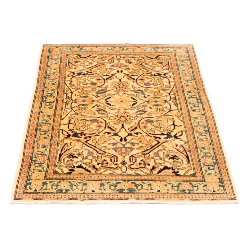 Tapis unique en laine noué à la main 4 pi 2 po x 6 pi 6 po nouvel âge Lairgnen crème / bleu marine foncé / beige
