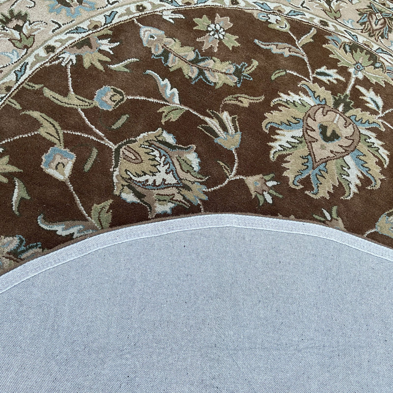 Tapis brun / beige en laine touffeté à la main Indo, Rond 8 pi