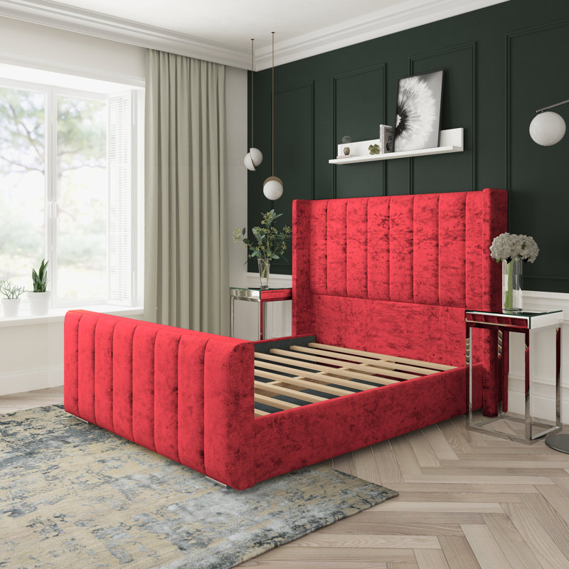 Aspen Crushed Velvet Upholstered Bed Frame, Kingsize (5'), Red