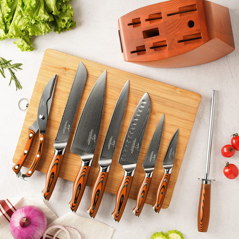 Ensemble de cuisine 9 pièces Damascus, poignée ergonomique G10, rouge
