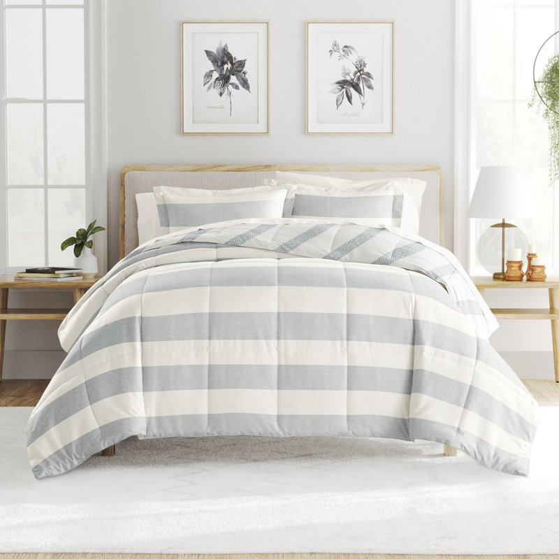 7 Piece Bedding Set - Comforter and Sheet Set, Édredon simple + 1 pièce supplémentaire, Gris / rayures bleues