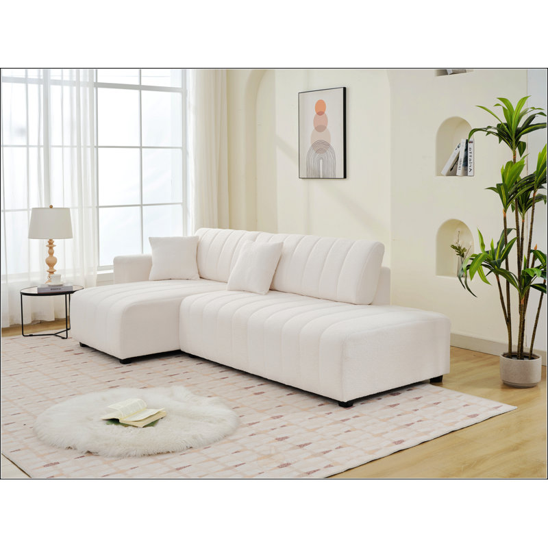 Canapé d'angle capitonné en forme de L avec coussins décoratifs, Laine beige, Orienté à gauche (vu de face)