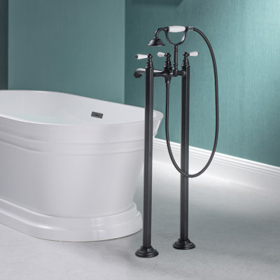 Robinet de baignoire autoportant au sol avec douche à main de style téléphone et poignées en céramique, robinet de baignoire de trempage autoportant moderne à 3 poignées,