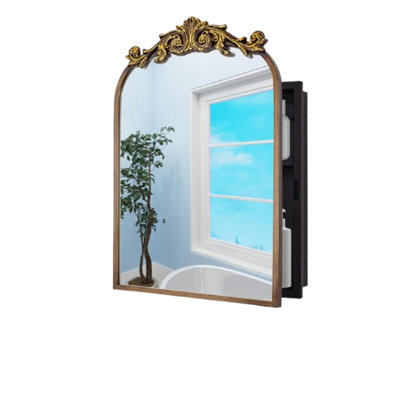 20" X 30" Vintage Arched Bathroom Medicine Cabinet With Mirror – Hand-painted Floral Aluminum Frame Wall/recessed Mount Storage Cabinet With 2 Adjustable Shelves & Organizer, Decorative Bathroom Decor