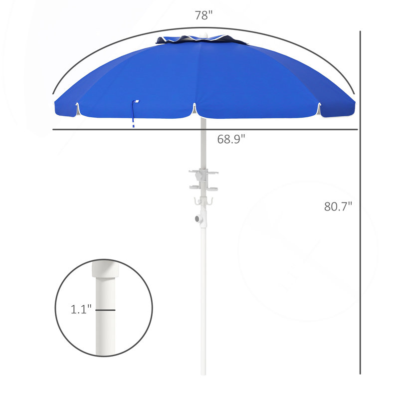 5. Parasol de plage portatif de 7 pi avec inclinaison, hauteur réglable, 2 porte-gobelets et crochets, parasol d'extérieur à volants UV 40+ avec auvent ventilé, bleu