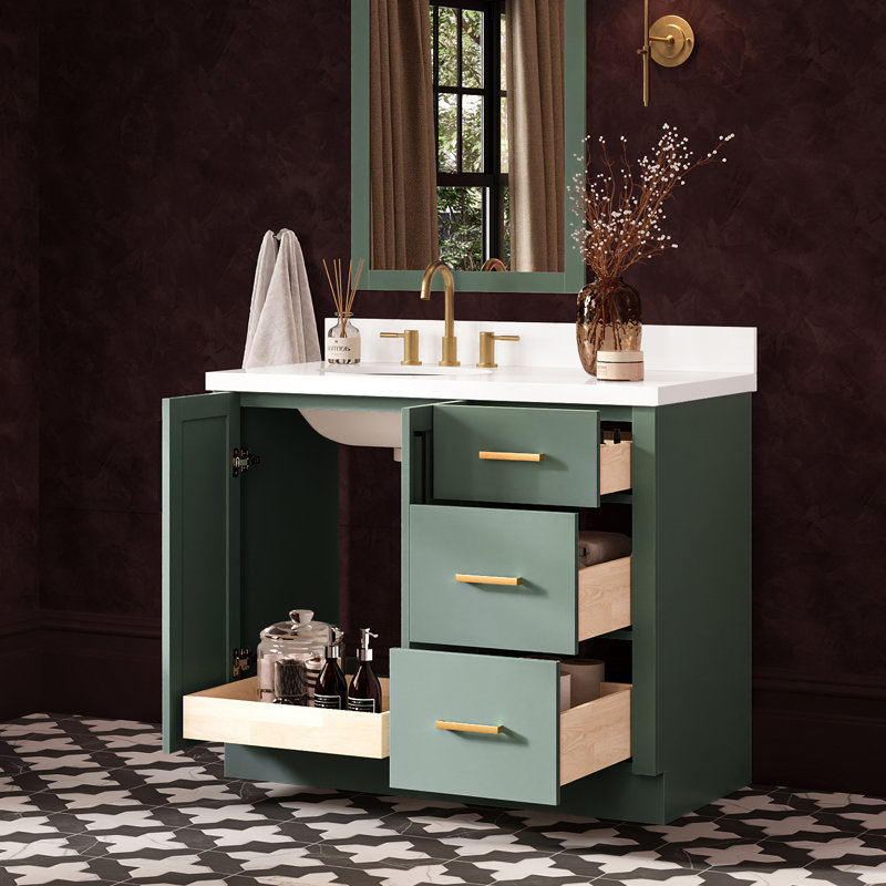 Meuble-lavabo de salle de bain avec lavabo ovale simple décalé à gauche de 43 pouces et comptoir en quartz blanc pur de 1,5 pouce, couleur vert vintage