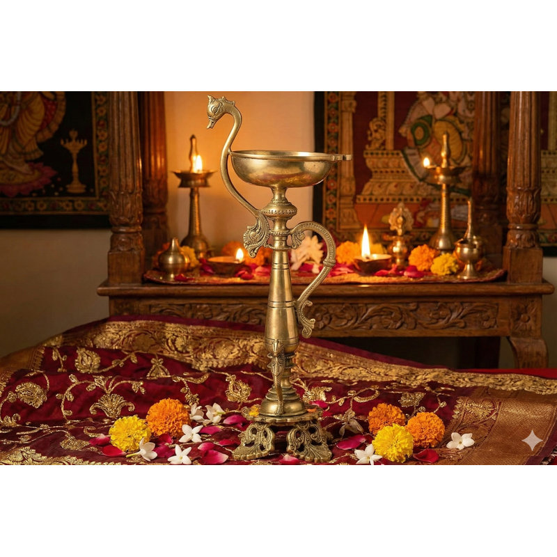 Lampe rituelle de paon et perroquets en laiton faite à la main de 12 pouces - Diya artistique multi-oiseaux pour la puja, la méditation et la décoration spirituelle