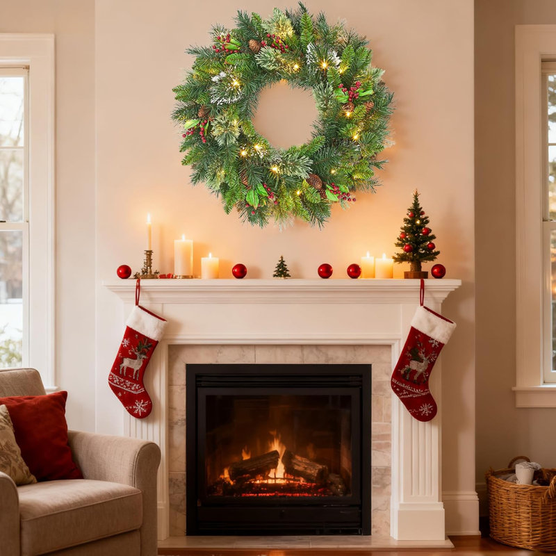 Pre-Lit Christmas Garland with Timer, Battery Operated Snowy Xmas Decoration with Warm White Lights, Pine Cones & Red Berries for Fireplace Stairs