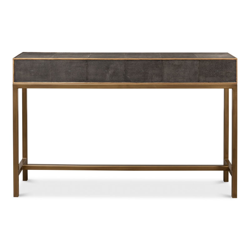Gideon Antique Grey Wood Console Table with Gold Leather Trim