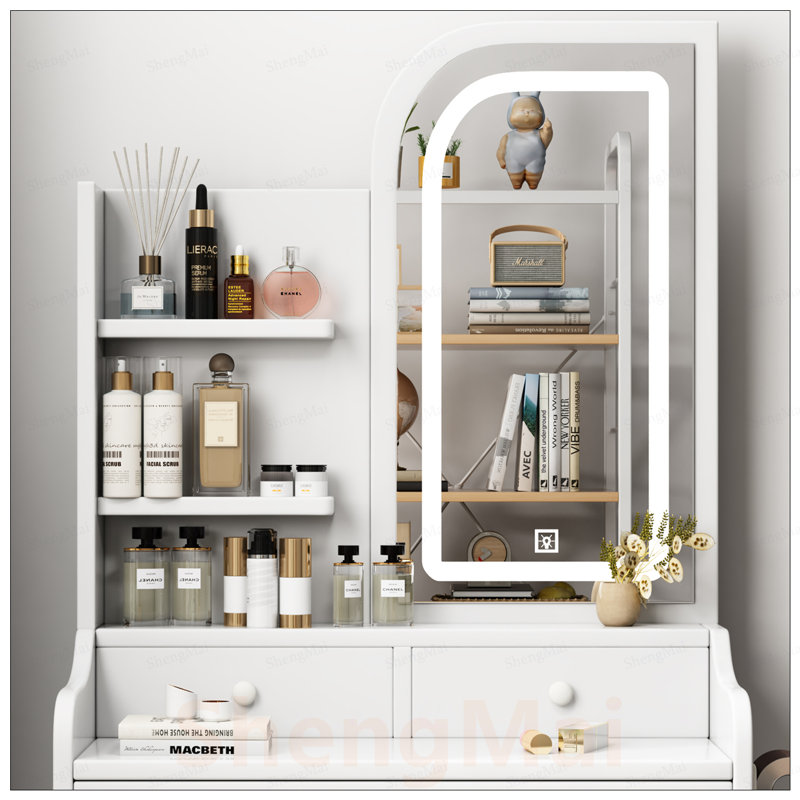 Bureau de coiffeuse Fashion avec miroir, lumières réglables, support pour sèche-cheveux et 3 tiroirs pour le maquillage et le rangement
