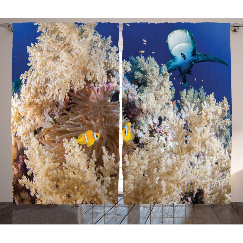 Clown Fish and Sharks Decor Nautical Semi-Sheer Rod Pocket Curtain Panels, 54" W x 90" L