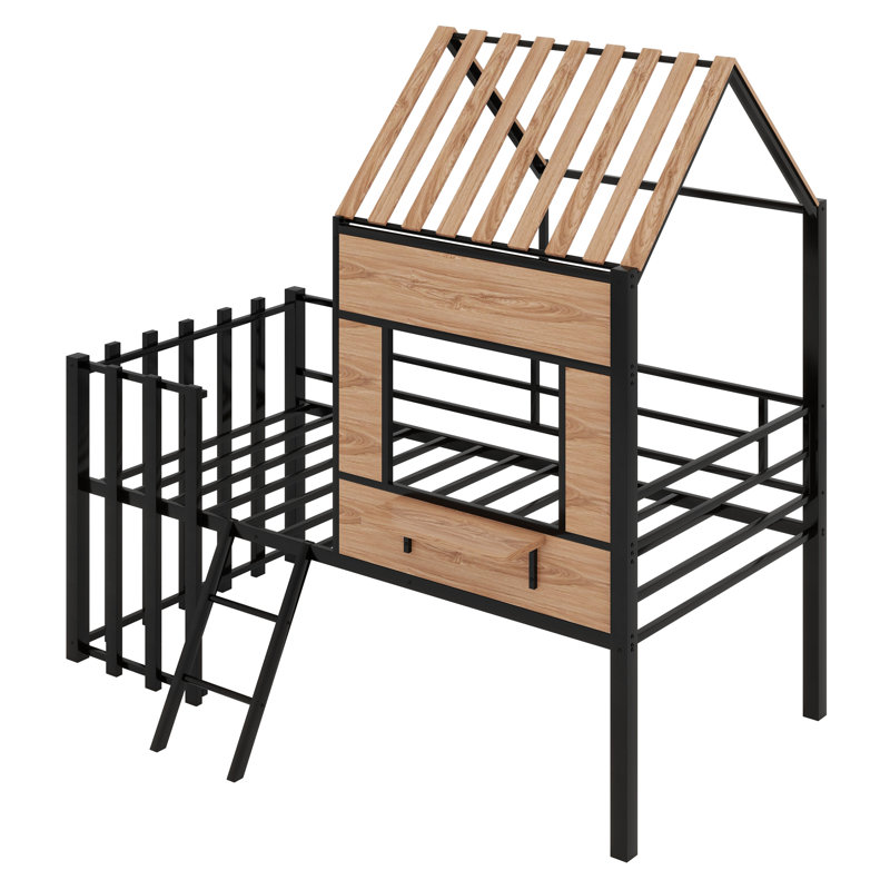 Metal Loft Bed With Roof, Window, Guardrail, Ladder, Black