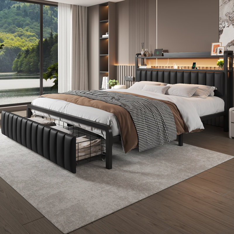 Queen Metal Platform Bed with 2-Tier Storage Headboard, Charging Station ,Bed-end drawer, LED Lights,Easy Assembly, Black