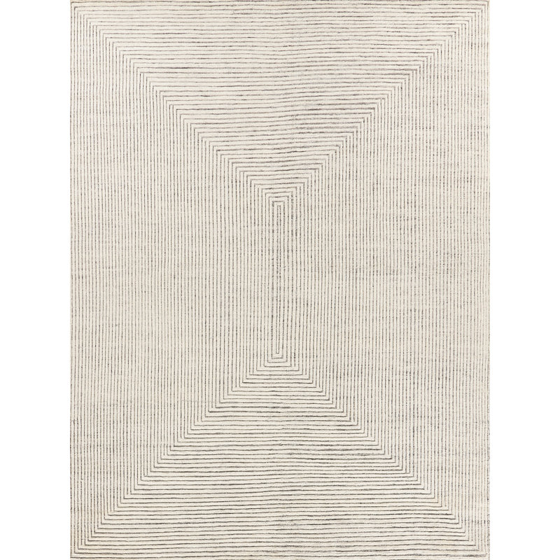 Crescent Striped Hand-Knotted Wool Ivory Area Rug, Rectangle 12' x 15'