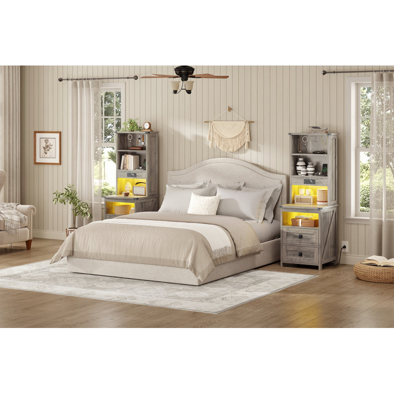 2 Drawers- 51.6'' Farmhouse Tall LED Nightstand with Charging Station, Bookshelf & 6 Hooks, RGB Lighting Bedside Table for Bedroom