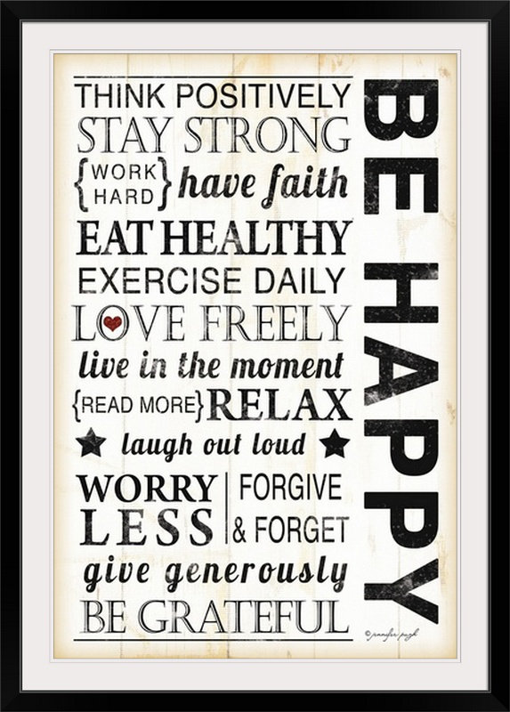 «Be Happy» par Jennifer Pugh, art textuel, Cadre noir, H 32 po x l 24 po x P 1 po