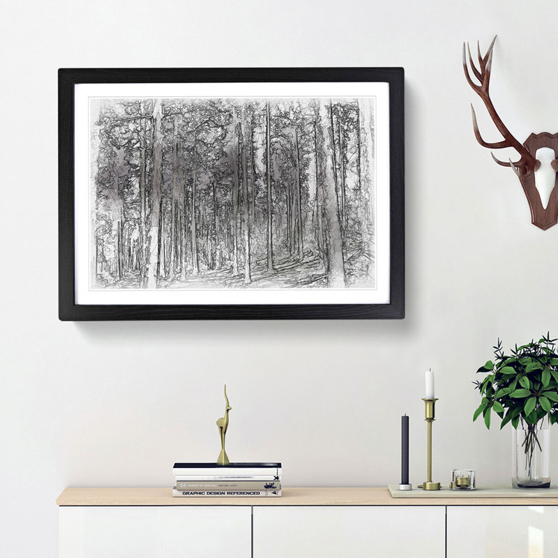 Pretty Forest Sketch - Picture Frame Graphic Art Print, 62cm H x 87cm W x 2cm D, Black Framed