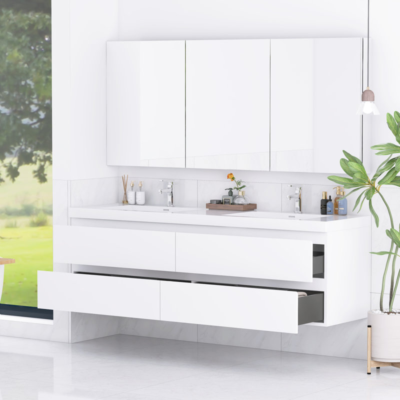 Meuble-lavabo mural moderne 72 po avec double évier intégré à surface solide et 4 tiroirs, Glossy White
