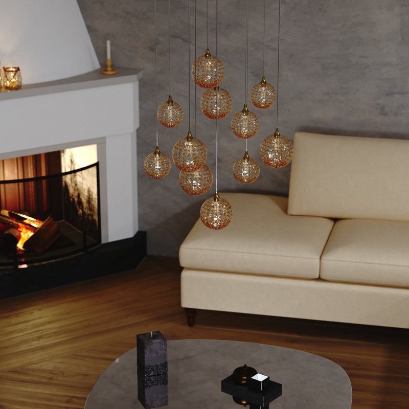 Breeze 11 Amber Glass Pendants Chandelier, Chrome, 84"