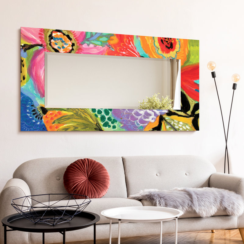 «Secret Garden Floral II» 72 po x 36 po, miroir rectangulaire coloré biseauté sur verre trempé inversé flottant