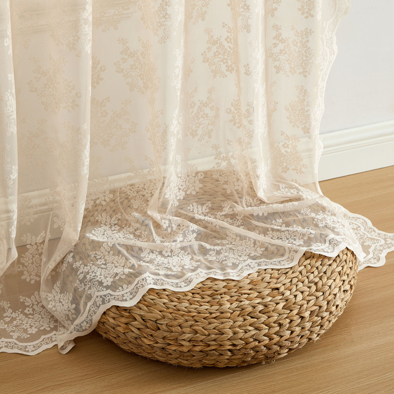 Palomares Floral Soft Decorative Lace Semi Sheer Light Filtering Rod Pocket Window Treatment Curtain, Linen Taupe