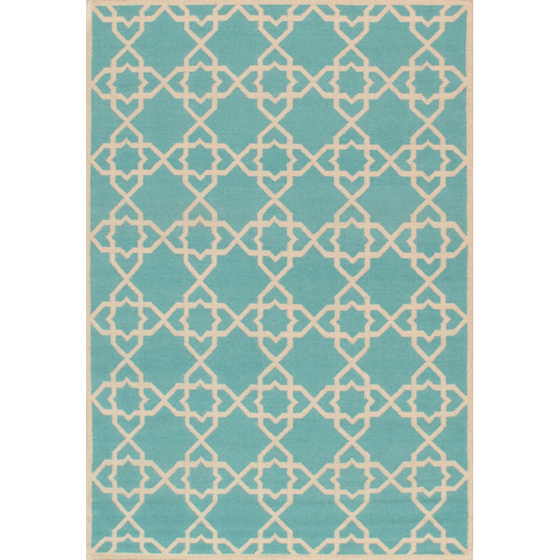 Tapis bleu / beige en laine tissé à la main à motif géométrique