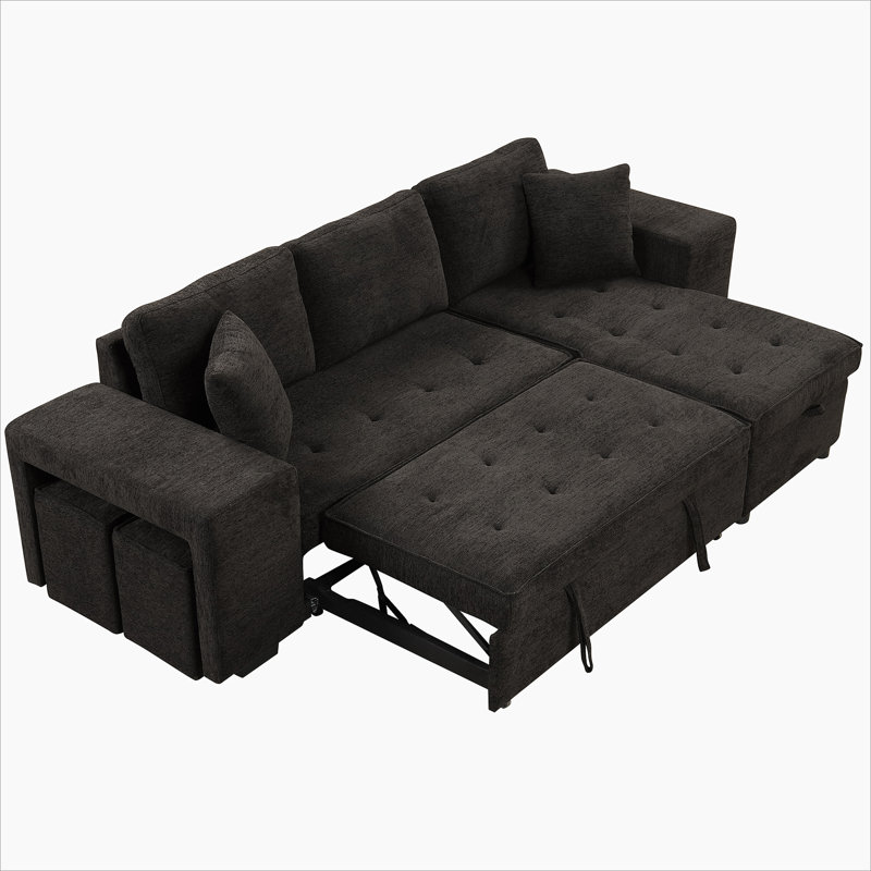 104" Modern L-Shape 3 Seat Reversible Sectional Couch, Pull Out Sleeper Sofa With Storage Chaise And 2 Stools For Living Room Furniture Set, Charcoal Grey