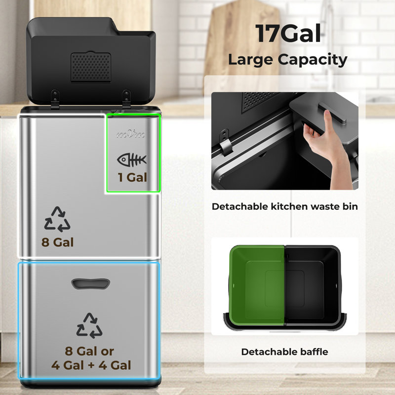 K63 Steel Multi-Compartment Rubbish & Recycling Bin - 60L, Grey