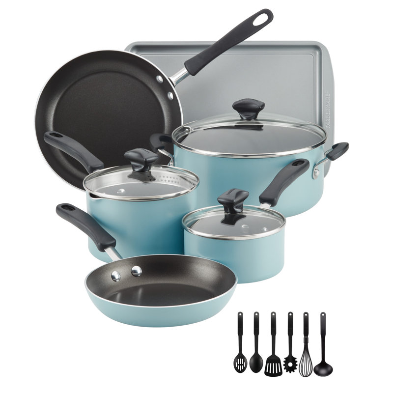 Aqua Aluminum Nonstick 15-Piece Cookware Set with Kitchen Tools