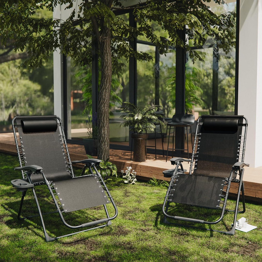 Folding Zero Gravity Sun Lounger with Cushioned Seat and Adjustable Headrest （set of 2)