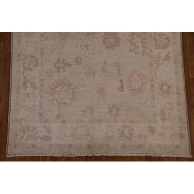Tapis beige / orange en laine noué à la main à motif floral 5 pi x 6 pi 11 po
