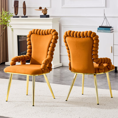 Set of 2 Puffy Bubble Chair Ball Chain Chair Velvet Dining Chairs with Gold Legs
