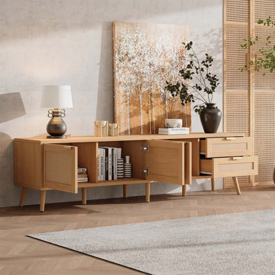 Modern Console Table with Rattan Doors,Ample Storage,and Cable Management for TVs up to 80 Inches