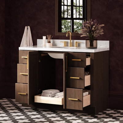 Meuble-lavabo ovale simple de 124 cm (49 po) avec comptoir en marbre blanc de Carrare de 3,8 cm (1,5 po) et finition chêne brun