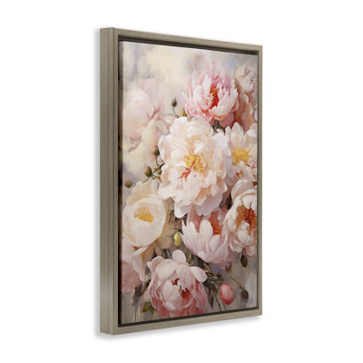 Pink Peonies Collage Black Framed Floater Canvas by Roozbeh Bahramali