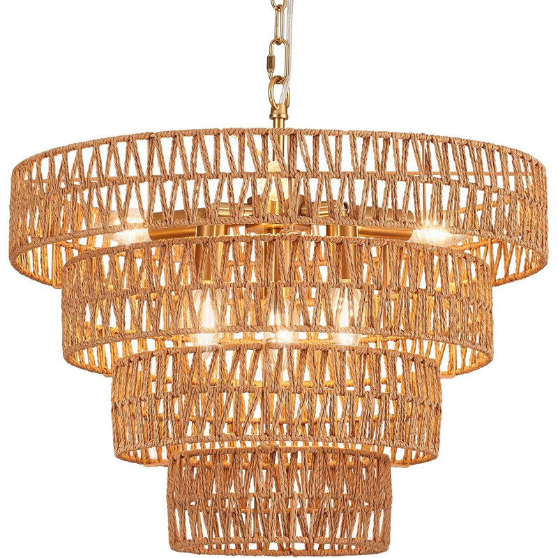 Lustre en rotin tissé à la main - lustre rétro en bambou 6 lumières campagnard Boho pour salle à manger, cuisine, chambre à coucher