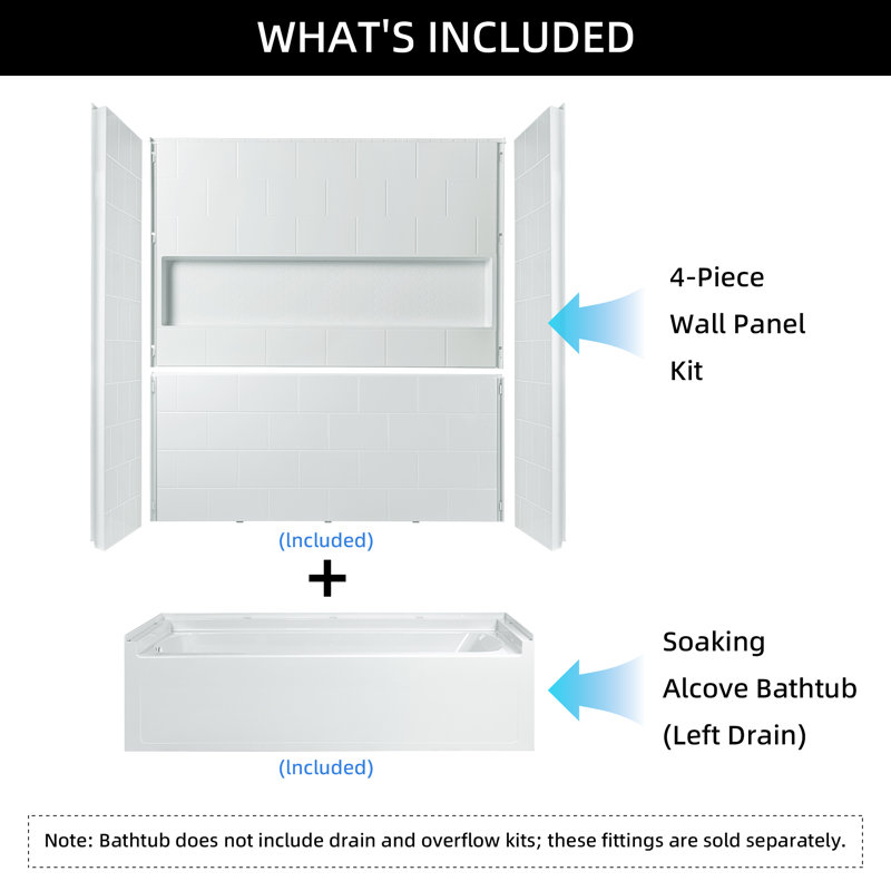 Woodbridge 60” X 32” 4-piece Direct-to-stud Alcove Tub Surround,1-3/4 Inch (44mm) Thick, With Soaking Bathtub Combo In White