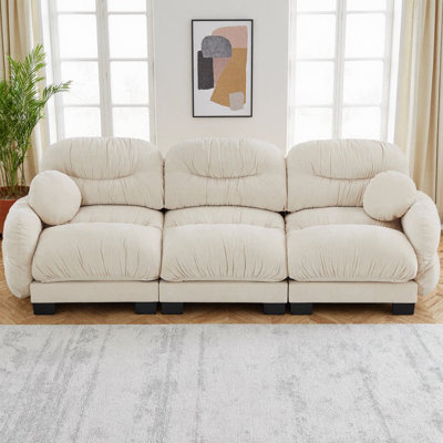 Canapé moderne à 3 places en chenille plissée, accoudoirs arrondis arrondis, siège ergonomique en mousse à haute densité, 2 coussins ronds, conception modulaire pour le salon et l’appartement