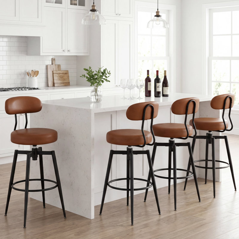 Ensemble de 4 tabourets de bar pivotants en similicuir avec dossier rembourré noir et brun, 4, Brun