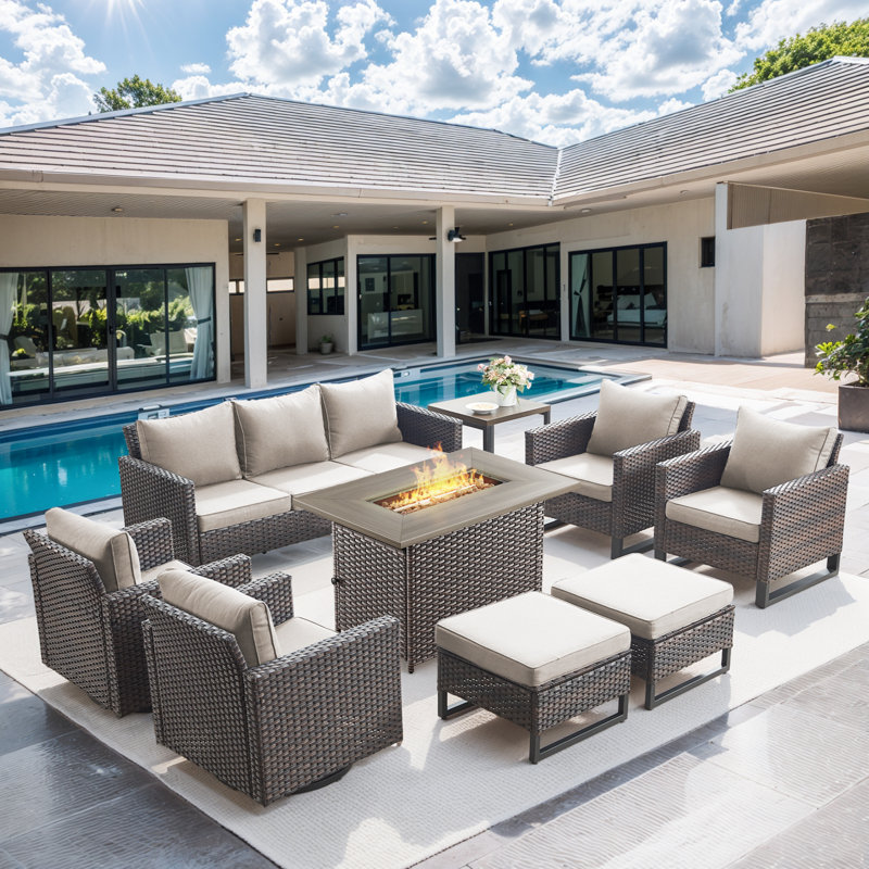 Ingvald 9- Pieces Outdoor Wicker Patio Sofa Seating Group with Fire Pit, Ottomans and Cushions, Beige, Brown