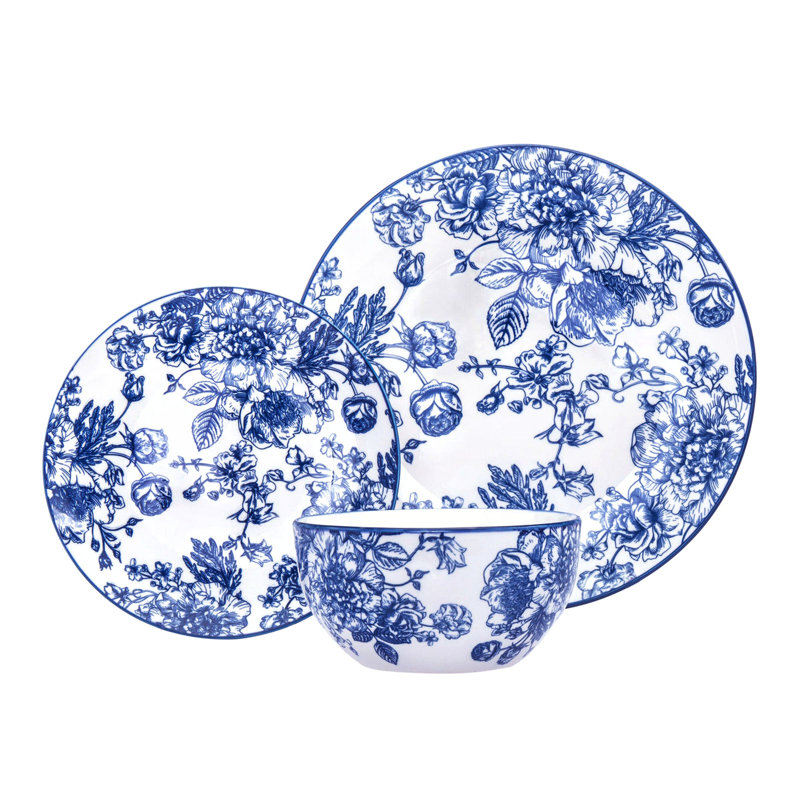 White and Blue Porcelain 12-Piece Dinnerware Set, Service for 4