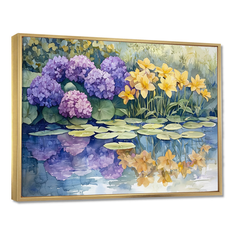 Imagen hortensias et lys au bord du lac III - hydrangées, art mural, Impression encadrée flottante, H 16 po x l 32 po, Doré