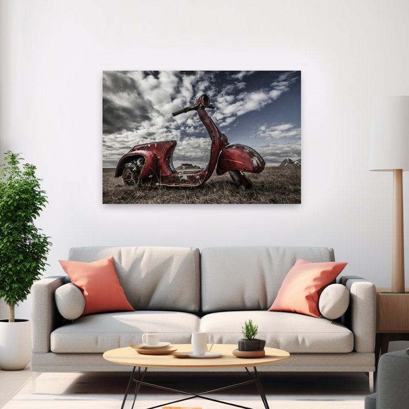 Rusty Red Scooter Landscape Dramatic Retro Rustic Landscape Nature Wall Art Print, 101.6cm H x 152.4cm W
